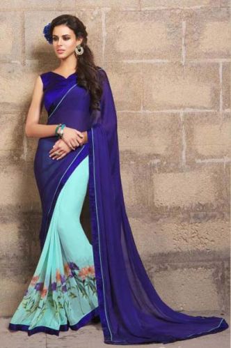 DIGITAL PRINTED BLUE GEORGETTE PARTY WEAR SAREE