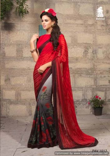 DIGITAL PRINTED RED & GREY GEORGETTE PARTY WEAR SAREE