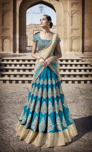 Ethnic Designer Embroidered Beige & Firozi Party Wear Lehenga