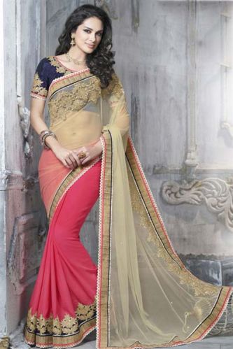 ETHNIC DESIGNER EMBROIDERED BEIGE & RED PARTY WEAR SAREE