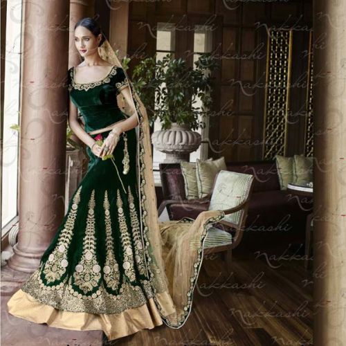 Ethnic Designer Embroidered Net Bridal Lehenga, Color : BEIGE BOTTLE GREEN