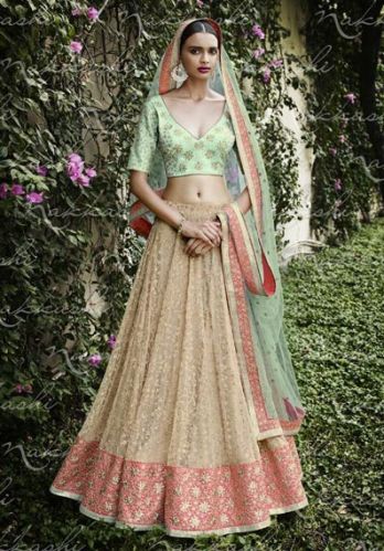 Ethnic Designer Embroidered Net Bridal Lehenga, Color : SEA GREEN BEIGE