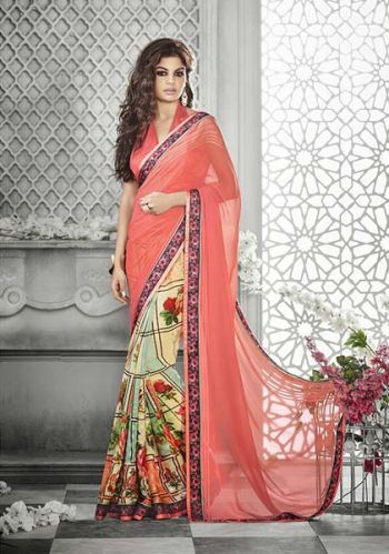 Ethnic Designer Printed Peach Georgette Party Wear Saree