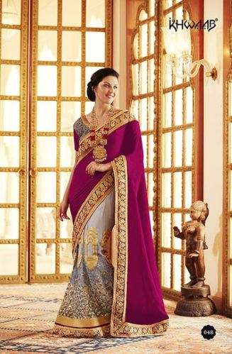 ETHNIC EMBROIDERED PINK & GREY VELVET & NET PARTY WEAR SAREE