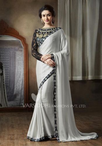 Grey Embroidered Satin Georgette Designer Party Wear Saree