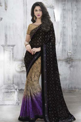 MULTICOLOR EMBROIDERED NET & FAUX SATIN CHIFFON PARTY WEAR SAREE