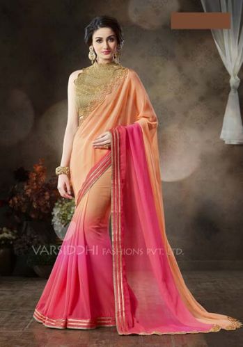 Shaded Pink Embroidered Ethnic Party Wear Saree