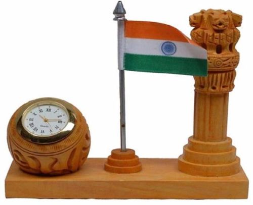 Wooden Table Clock With Ashoka Pillar and National Flag