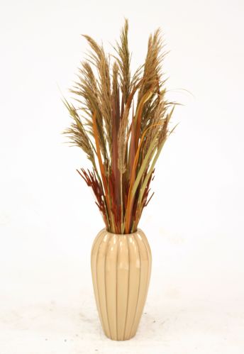 Dried Grasses In Tan Ribbed Vase, Packaging Type : Gold