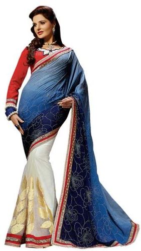 Shonaya Blue & Cream Colour Georgette Embroidered Sarees
