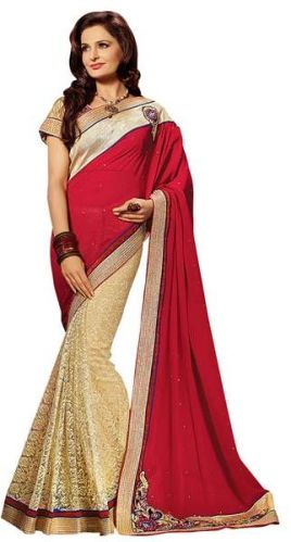 Beige Colour Georgette Embroidered Sarees