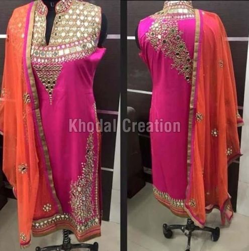 Orange and Pink Colored Mirror Work Straight Suit