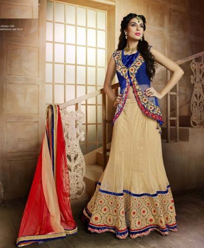 Designer Beige and Blue Lehenga Choli With Fancy Velvet Jecket