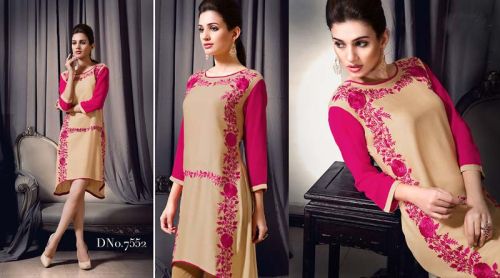 Radhikafibers Cream and Pink Color Viscose Rayon Designer Kurti