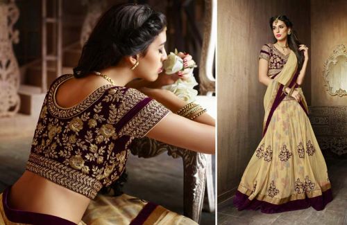 Royal Designer Cream Net Lehenga With Velvet Blouse Rivishing Art Work