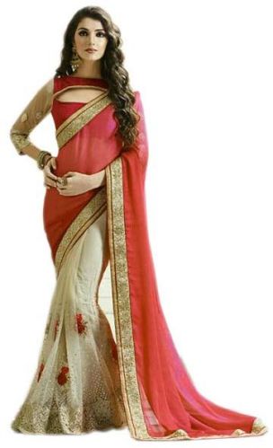 Designer Half-half Saree In Net and Chiffon With Sari Blouse