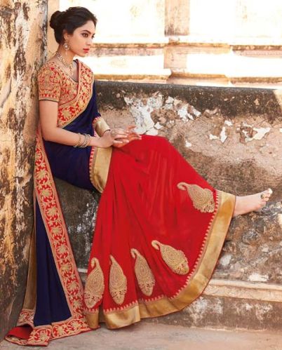 Georgette Designer Saree With Red and Blue Color