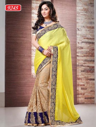 Latest Stylish Satin Designer Saree With Yellow Color - 9245a