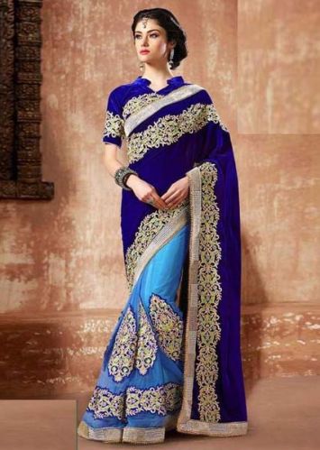 Velvet Designer Saree With Blue Color
