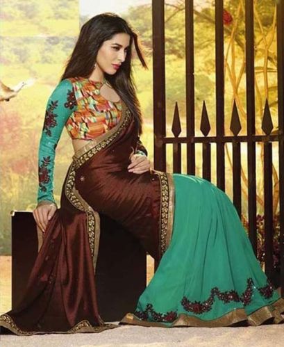 Jacquard Designer Saree With Green and Coffee Color