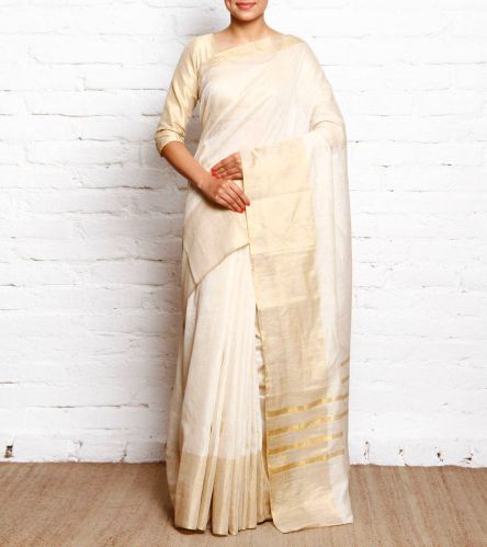 Handwoven Off White N Gold Zari Tussar Silk Saree