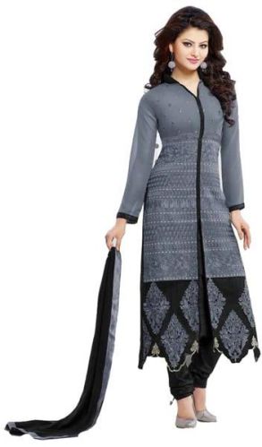 Dark Grey Embroidered Chanderi Churidar Suits