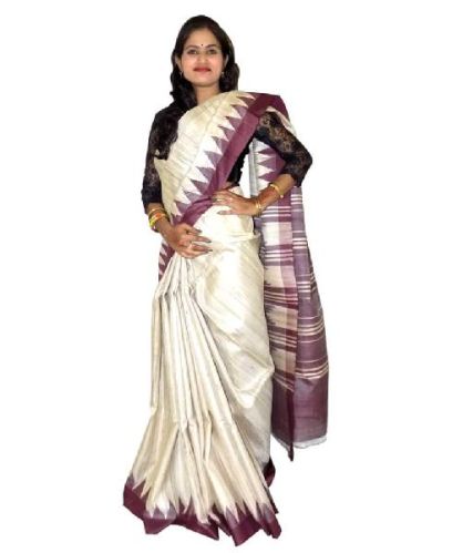 Cream With Coffee Tussar Silk Saree, Gender : Women