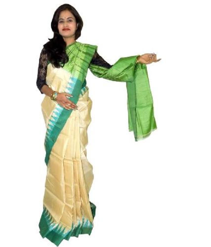 Cream With Green Tussar Silk Saree