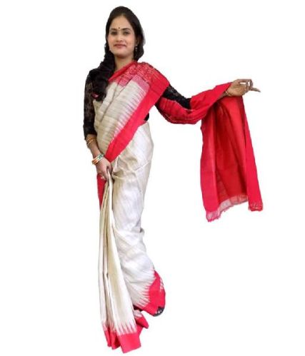 Cream With Red Tussar Silk Saree