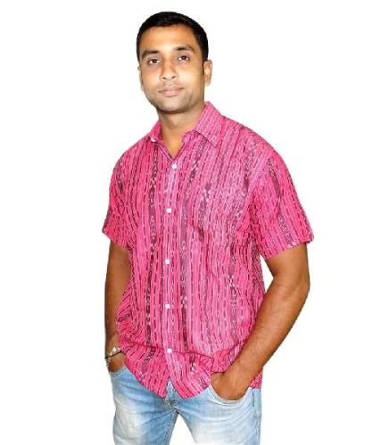 Soulify Pink Cotton Sambalpuri Shirt, Size : 40