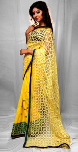 Yellow Traditional Bua With Fancy Net Saree