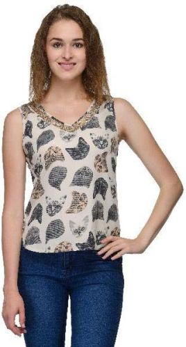 V Neck Cat Print Women Tops, Color : Multicolor