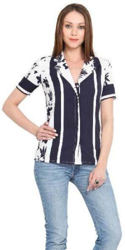 Women Shirt V Neck Carribean Print Half Sleeve Polyester Top