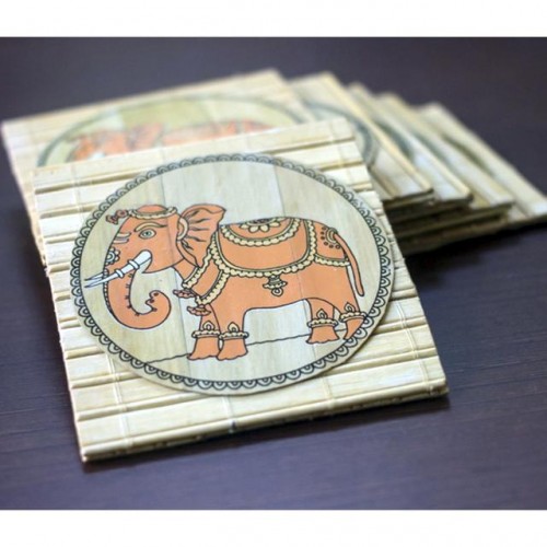 PALM LEAF PAINTING BAMBOO COASTERS (SET OF 6)