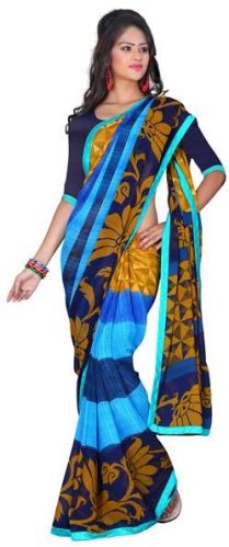 Blue Coloured Georgette Floral Print Saree, Gender : Female
