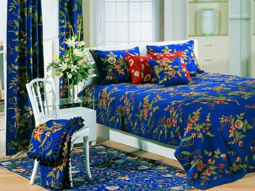 Royal Blue Cotton Fabrics - Queen, Pattern : Random Flowers