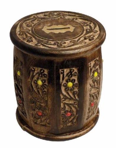 Wooden Round Shaped Money Box, Color : Brown