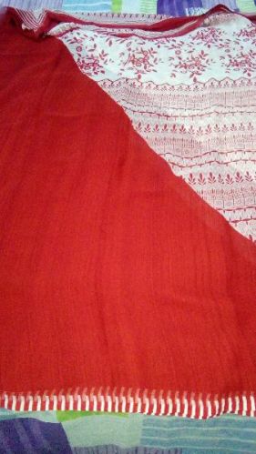 RED-DESIGNER PRINTED WITH WHITE CONTRAST PURE GEORGETTE SAREE