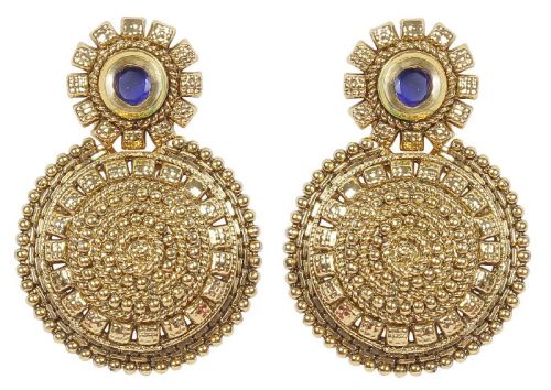 Indian Beautiful Antique Gold Polished With Blue Crystal Round Shape Earrings