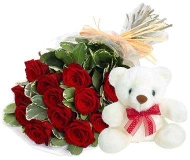 12 Red Rose Bouquet With Teddy