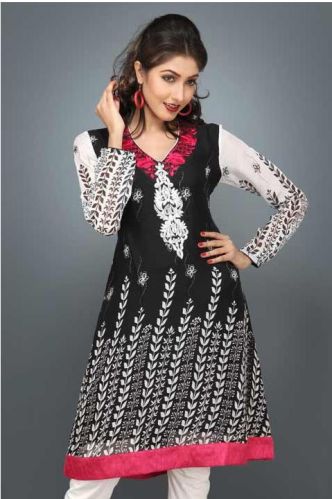 Black, Off White and Red Faux Georgette Embroidered Tunic