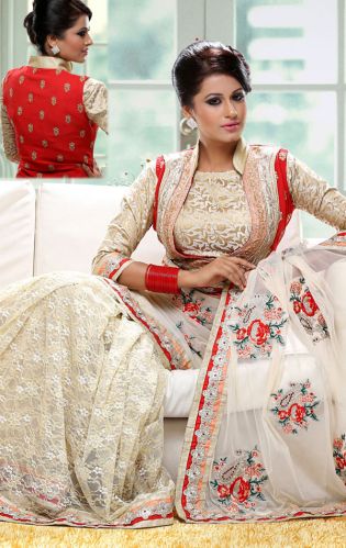 Off White Red Color Designer Wedding Saree