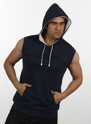 Mens Dark Blue Sleeveless Solid Hooded Sweat Shirt