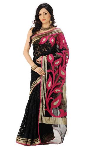 Pale Gold Border Black Saree