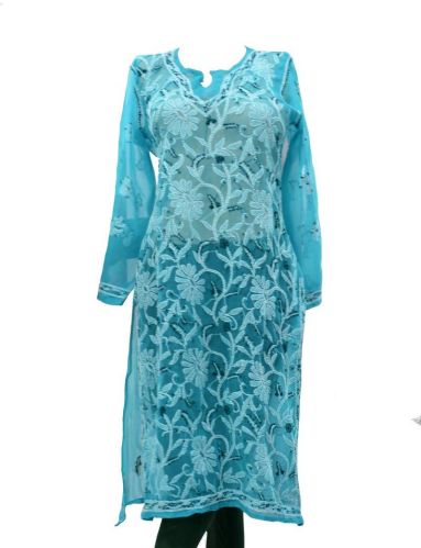 Blue Flowers Chikan Embroidery Kurti