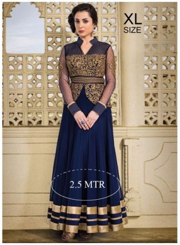 BLUE SOFT NET EMBROIDERY DESIGNER ANARKALI SUIT R-49