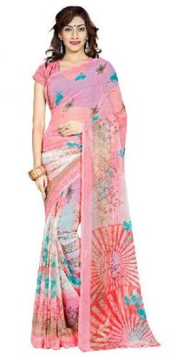 Casual Wear Salmon Printed Chiffon Saree_AAKP92SR1045BKSML