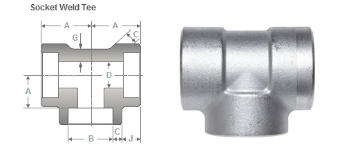 Tee Socket Weld Fitting, Size : 1/8~4 (DN6~DN100)