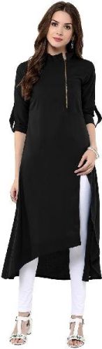 Janasya Women's Black Embellished Crepe A-Line Kurti