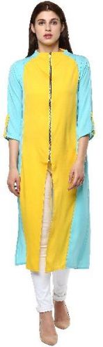 Janasya Women's Yellow & Sky Blue Indo Western Crepe Kurti